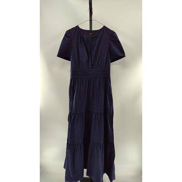 Quince 100% Organic Cotton Poplin Tiered Maxi Dress Navy Basic Sleeved S - Picture 2 of 3